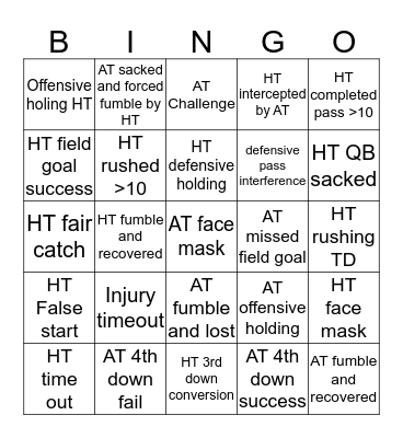 Thanksgiving Football Bingo Card