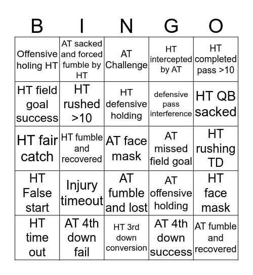 Thanksgiving Football Bingo Card