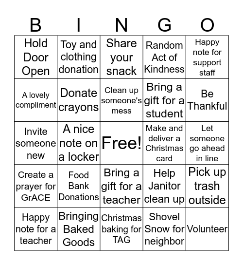 Christmas Kindness Bingo Card