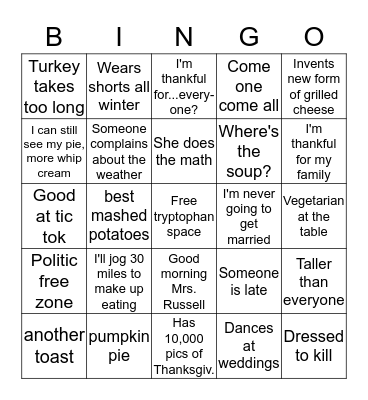 Having fun at Thanksgiving Bingo Card