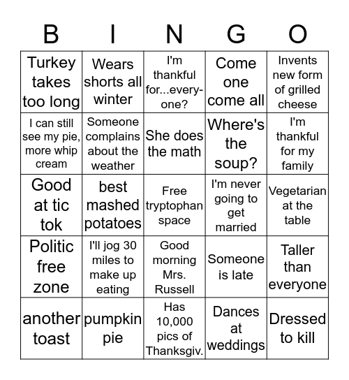 Having fun at Thanksgiving Bingo Card