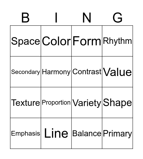 Art Elements and Principles Bingo Card