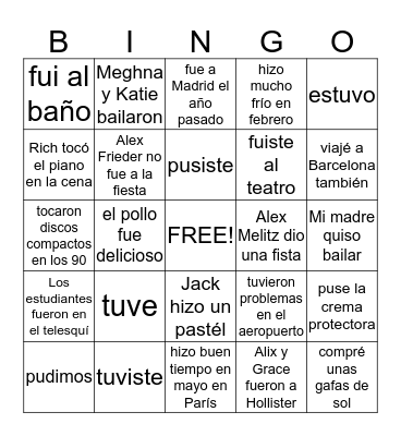 All things preterito  Bingo Card