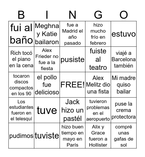 All things preterito  Bingo Card