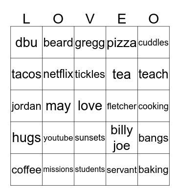 Jordan & BillyJoe Bingo Card