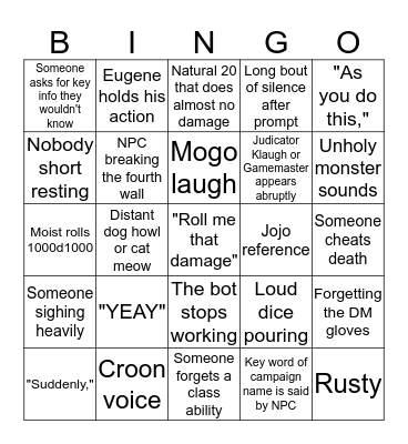 Comb Session Bingo Card