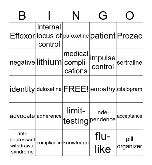 Medication Adherence BINGO Card