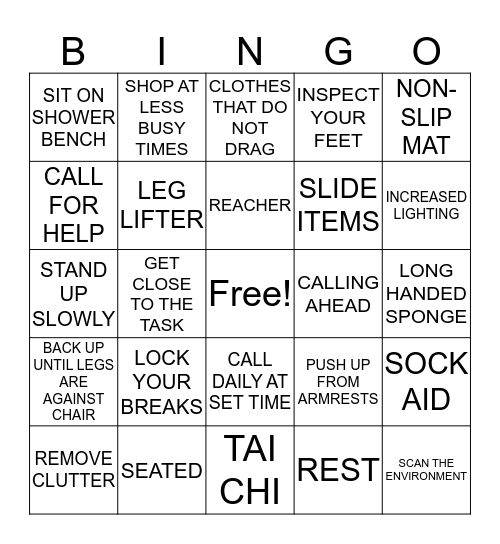 FALL PREVENTION BINGO Card