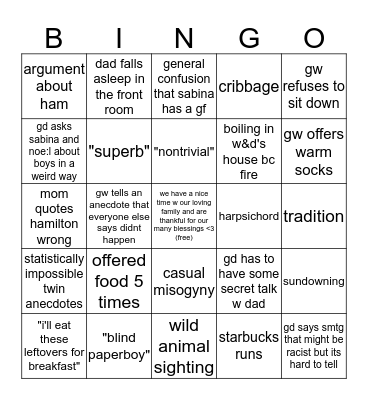 Thanksgiving 2k19 Bingo Card