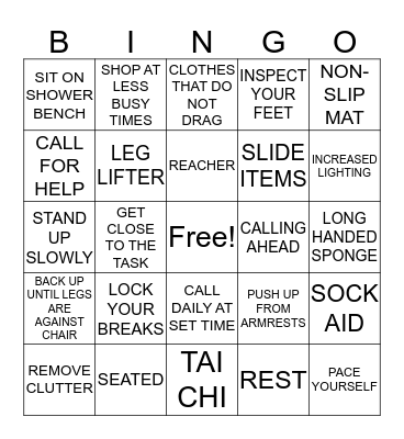 FALL PREVENTION BINGO Card