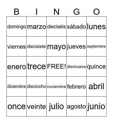 Meses, Días, Números Bingo Card