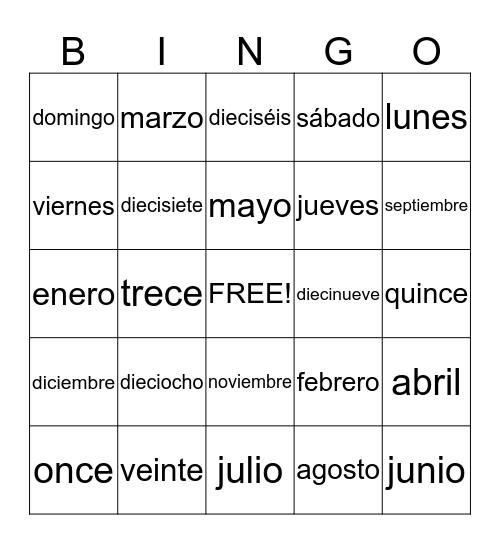 Meses, Días, Números Bingo Card