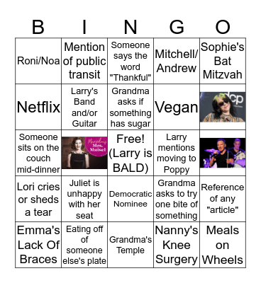 2019 Thanksgiving Bingo Card