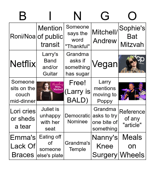 2019 Thanksgiving Bingo Card