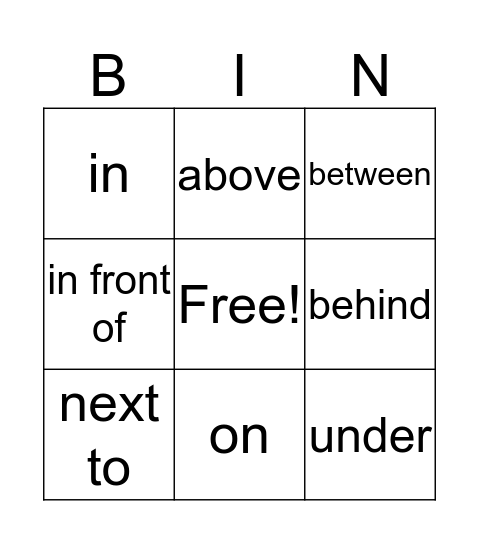 Preposition Bingo Card