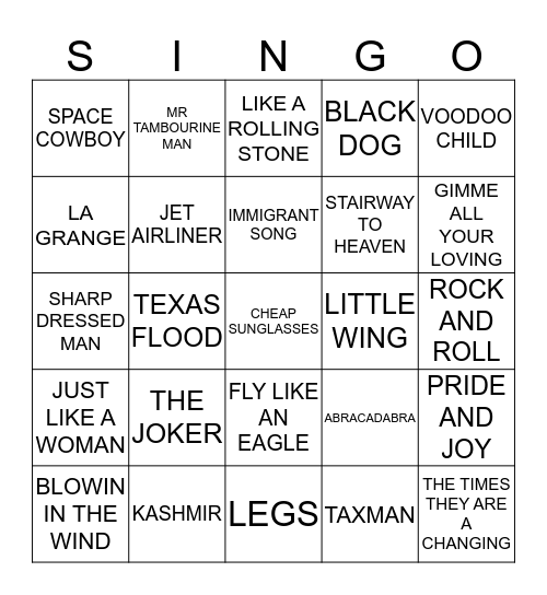 457 STEVE MILLER BAND VS ZZ TOP VS LED ZEPPLIN VS BOB DYLAN VS STEVIE RAY VAUGHAN Bingo Card