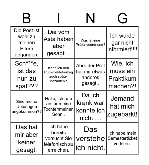 Studenten-Bingo JADE EDITION Bingo Card
