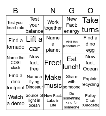 COSI Adventure Bingo Card