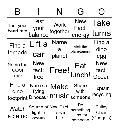 COSI Adventure Bingo Card