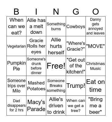 Corey Family Thanksgiving Bingo Card
