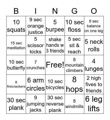 Fitness Bingo Card