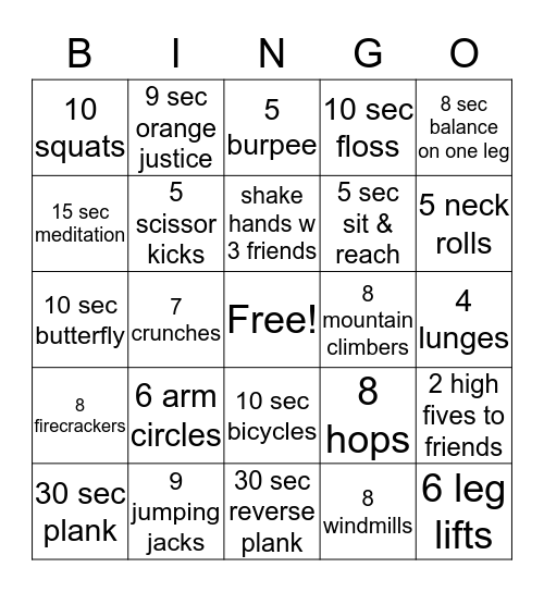 Fitness Bingo Card