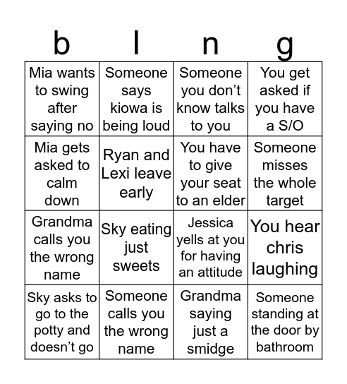 Family event bingo Card