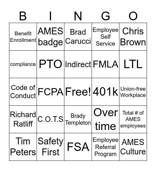 New Hire Orientation Bingo Card