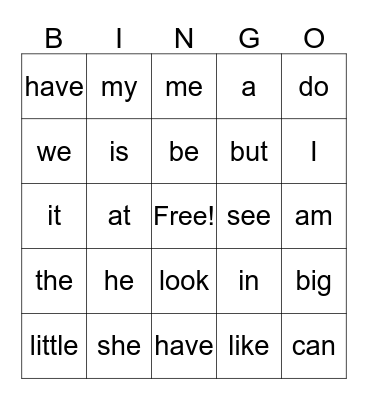 December Sight Word BINGO Card