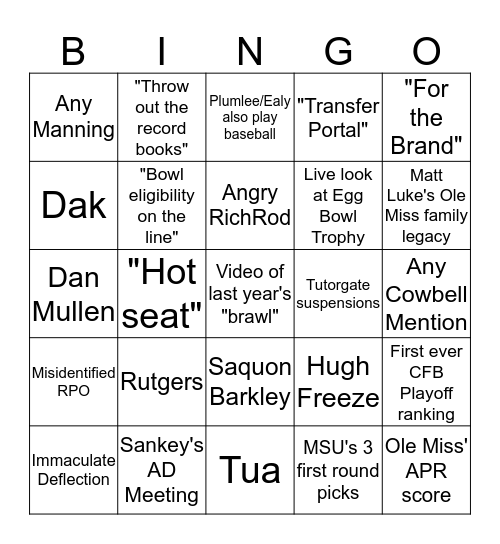 Egg Bowl Broadcast Bingo!  Bingo Card