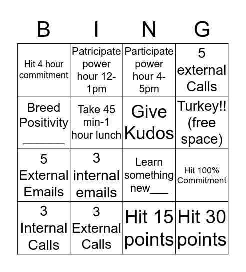 Vendor Assist Turkey Bingo Card