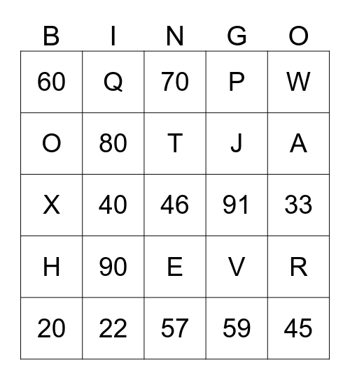 NUMBERS AND LETTERS Bingo Card