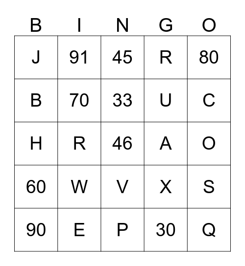 NUMBERS AND LETTERS Bingo Card