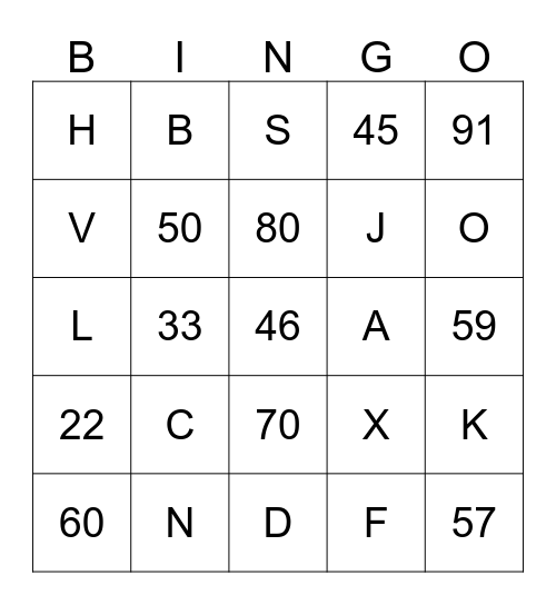 NUMBERS AND LETTERS Bingo Card