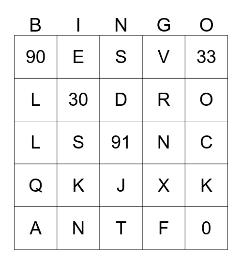 NUMBERS AND LETTERS Bingo Card