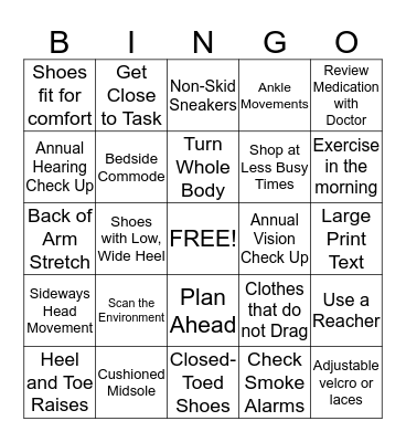 Fall Prevention BINGO Card