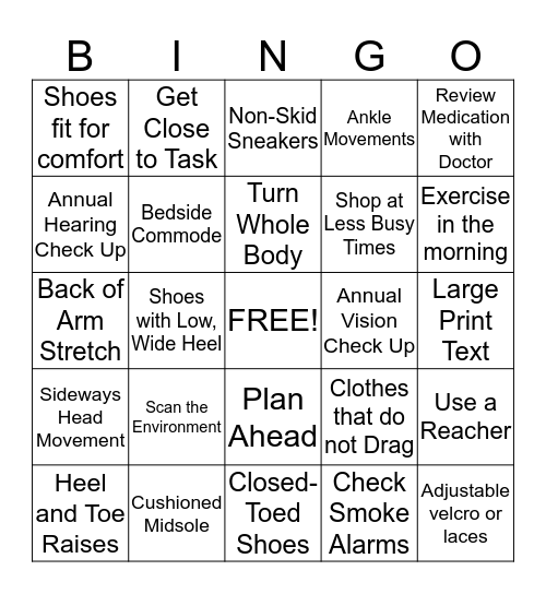 Fall Prevention BINGO Card