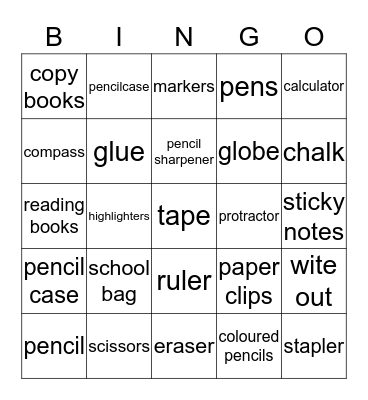 school supplies Bingo Card