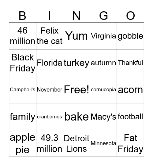 Thanksgiving Bingo Card