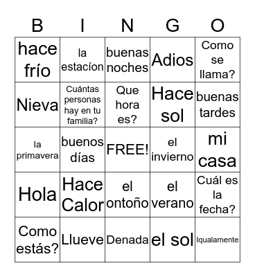 SPANISH VOCAB  Bingo Card