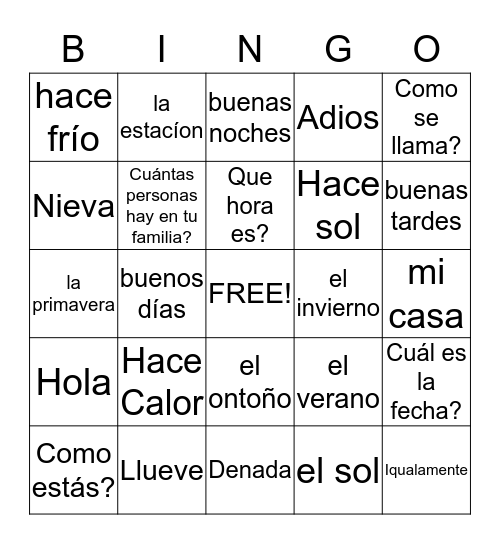 SPANISH VOCAB  Bingo Card