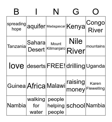 African Bingo Card