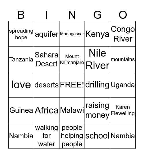 African Bingo Card