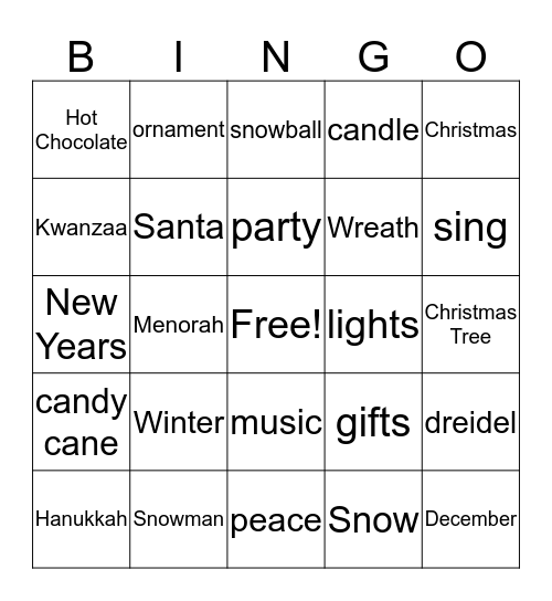 Winter Holidays Bingo Card