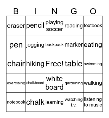 Classroom and Hobby Vocabulary Bingo Card