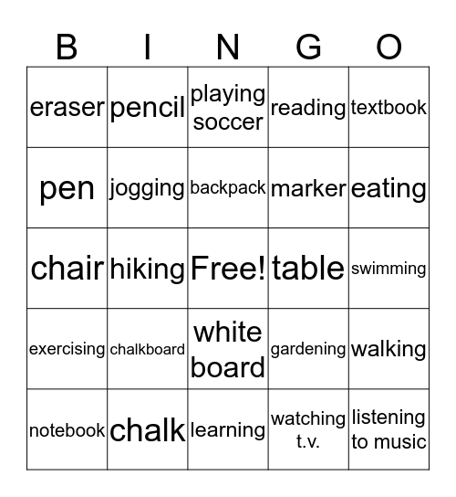 Classroom and Hobby Vocabulary Bingo Card