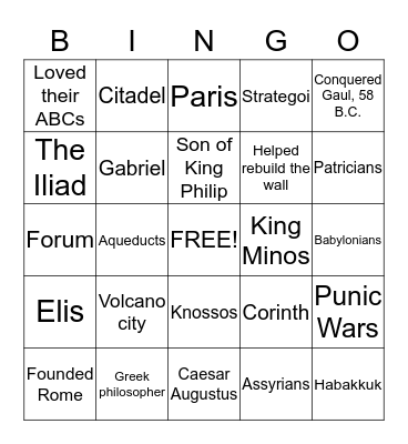 Ancients -- People and Places Bingo Card