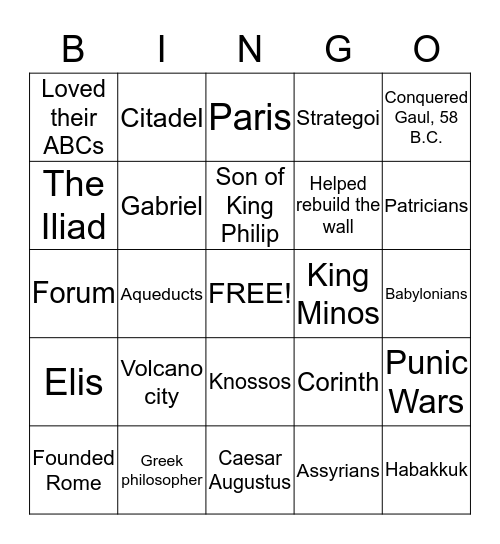 Ancients -- People and Places Bingo Card