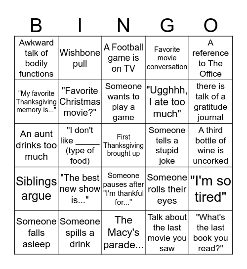 Thanksgiving Bingo Card