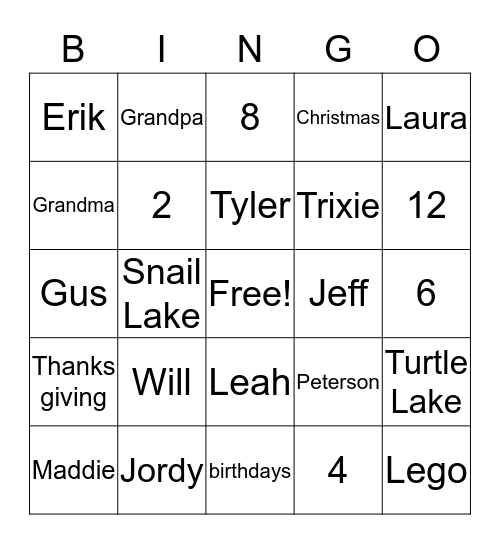 Peterson Family BINGO Card